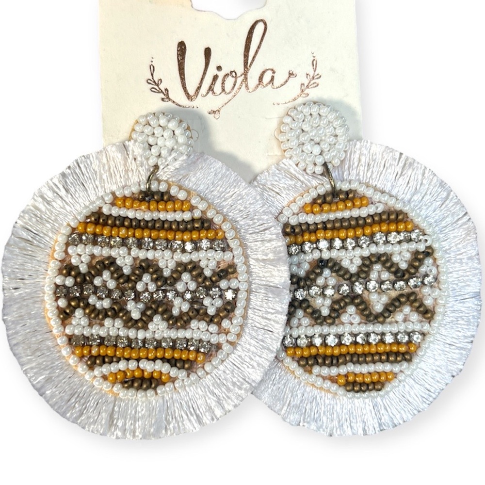 NEW Viola White Beaded Circle Drop Earrings Bohemian Festival Party Fringe